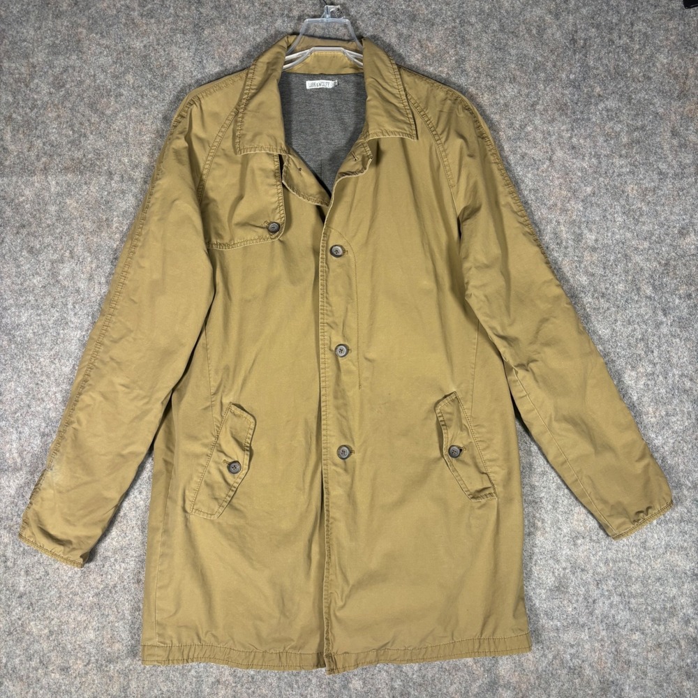 Lark & Wolff Car Coat Mens Medium Tan Cotton Jersey Lined Button Front Jacket